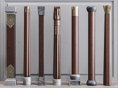 Various Decorative Wooden Columns Featuring Carved Details Ornate Bases And Diverse Capital Designs 3d model