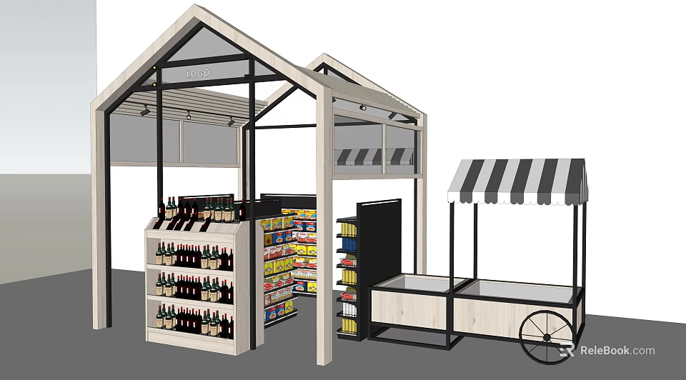 Display Shelves in Market Booth with Canopy and Organized Various Goods and Mobile Wheeled Stall 3d model 