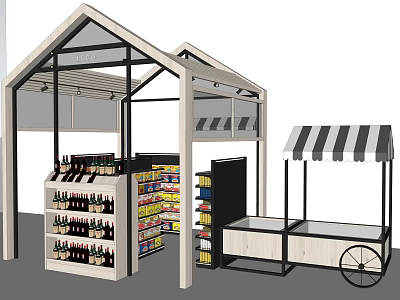 Display Shelves in Market Booth with Canopy and Organized Various Goods and Mobile Wheeled Stall 3d model