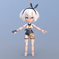 Cute 3D Character Model With White Short Hair Blue Eyes And Black Orange White Outfit Headband