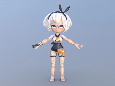 Cute 3D Character Model With White Short Hair Blue Eyes And Black Orange White Outfit Headband 3d model