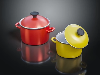 Stylish Red And Yellow Lidded Cooking Pots With Handles For Daily Kitchen Use 3d model