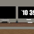 Home Entertainment Setup With Two TV Screens One Showing Digital Clock Display On Wooden Stand