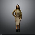 A Woman Wearing Beige Dress Brown Jacket And Black Shoes Against Gray Background