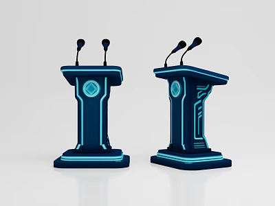 Stylish Modern Blue Podiums With Dual Microphones And Illuminated Lines 3d model
