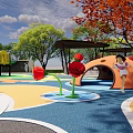 Vibrant Children's Park Landscape with Colorful Playground Ground Winding Paths Autumn Trees and Slide
