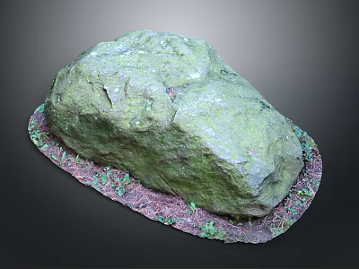 Natural Green Stone with Wooden Base Featuring Decorative Plants and Mossy Surface Texture 3d model