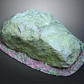 Natural Green Stone with Wooden Base Featuring Decorative Plants and Mossy Surface Texture
