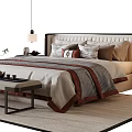 New Chinese Double Bed Fabric Double Bedside Table Bed End Stool Table Lamp Ornaments Pillow 3d model