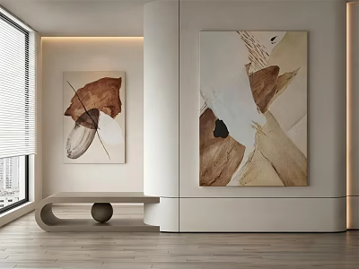 Abstract Paintings In Modern Interior With Wooden Floor Curved Bench And Round Decor 3d model