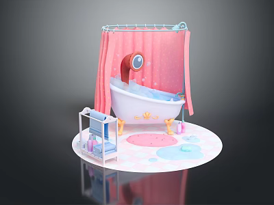 Cartoon Style Bathroom Scene Model With Pink Shower Curtain Bathtub Small Shelf And Colorful Bath Mats 3d model