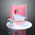 Cartoon Style Bathroom Scene Model With Pink Shower Curtain Bathtub Small Shelf And Colorful Bath Mats