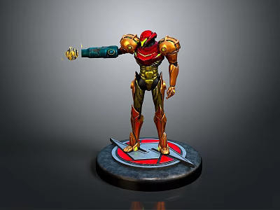 3D Game Movie Character With Red Helmet Gold Red Armor Arm Device And Circular Base 3d model