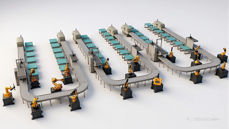 Industrial Equipment Automated Production Line Featuring Conveyor Belts And Robotic Arms 3d model 