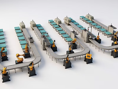 Industrial Equipment Automated Production Line Featuring Conveyor Belts And Robotic Arms 3d model