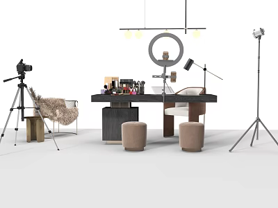 Modern Photography Desk Setup With Ring Light Tripod Stools And Makeup Products 3d model
