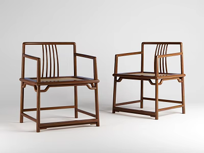 Two Traditional Wooden Leisure Chairs With Slatted Backrests And Woven Seats 3d model