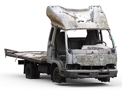 Old Damaged Rusty Flatbed Truck With Deformed Roof And Worn Out Body 3d model