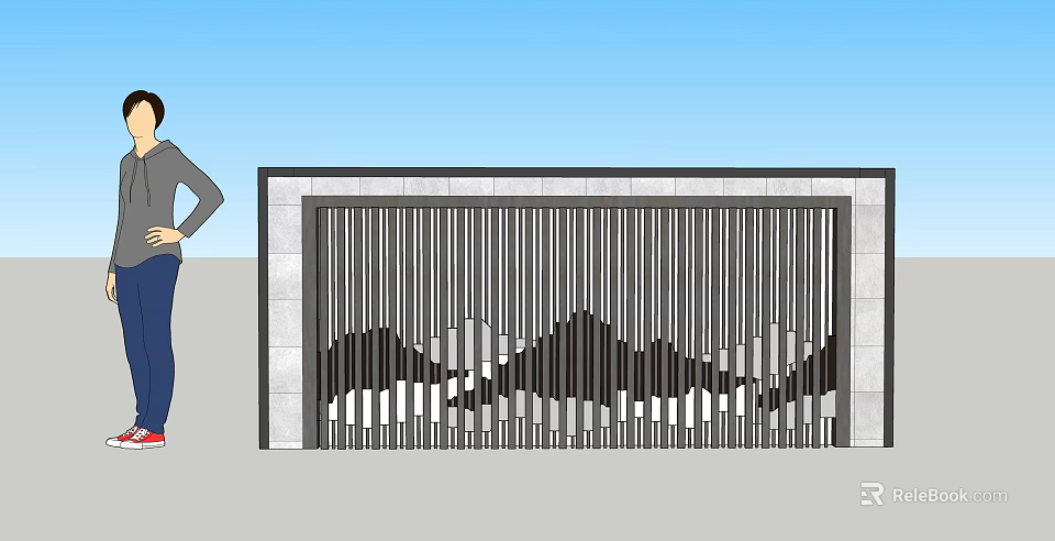 Modern Feature Wall Design With Black Vertical Slats And Mountain Silhouette Pattern 3d model