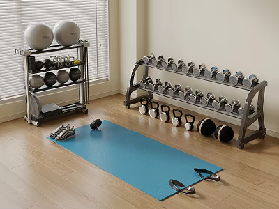 Home Gym Sports Equipment Setup With Exercise Balls Dumbbells Kettlebells Yoga Mat And Sneakers 3d model