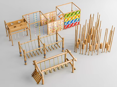 Public Children's Playground Facilities With Wooden Climbing Frames Swings And Colorful Rings 3d model