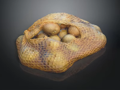 Fresh Potatoes in Mesh Bag on Black Background 3d model