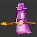 3D Cartoon Purple Wizard In Pink Robe Holding Yellow Book And Golden Scroll