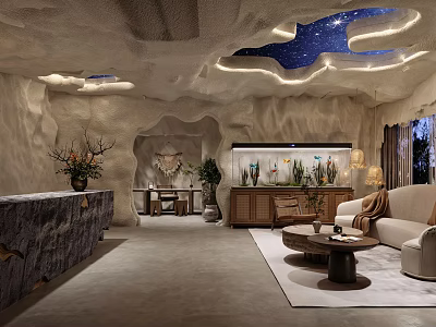 Unique Hotel Lobby Interior With Cave Like Ceiling Starry Sky And Marble Reception Desk 3d model