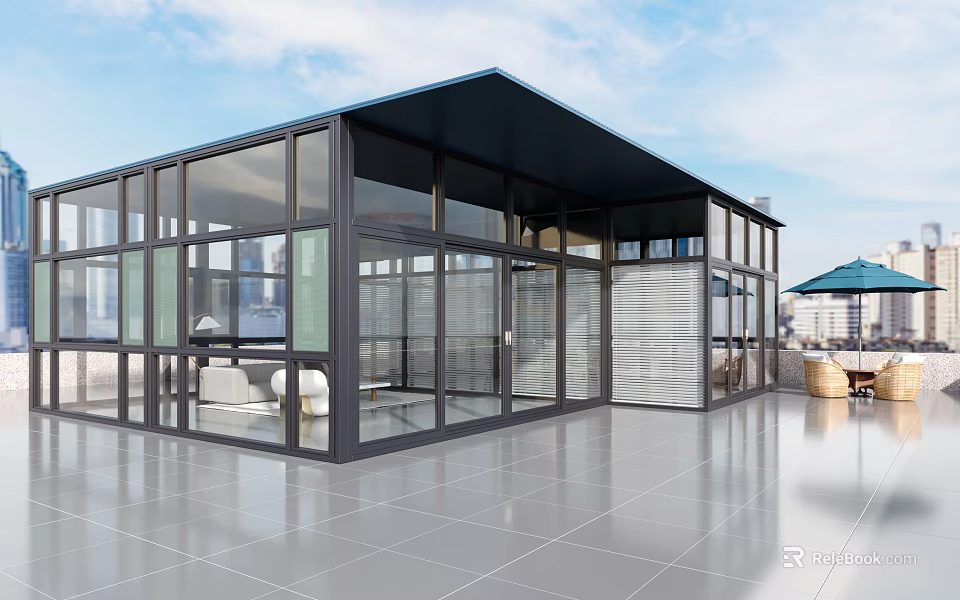 Modern Villa Balcony with Glass Walls Dark Roof Tiled Floor and Outdoor Furniture 3d model 