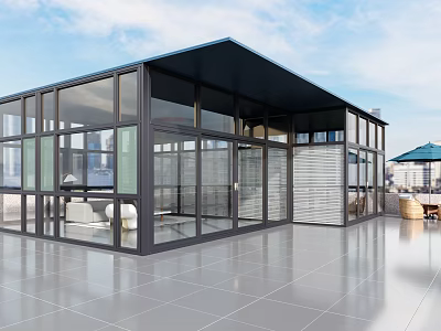 Modern Villa Balcony with Glass Walls Dark Roof Tiled Floor and Outdoor Furniture 3d model