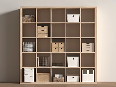 Various Storage Baskets on Wooden Cube Shelf for Home Organizing with Different Styles 3d model