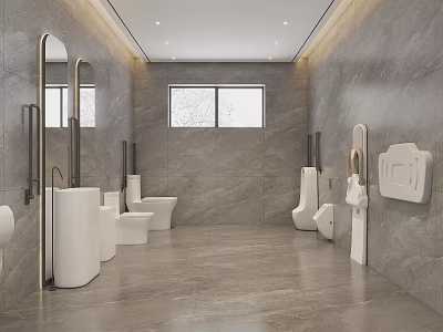 Modern Public Restroom With Grey Marble Walls Floors Sinks Toilets And Urinals 3d model