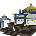 Traditional Yurt Tent With Golden Top Blue Decorations Smaller Tents And Wooden Platform Design