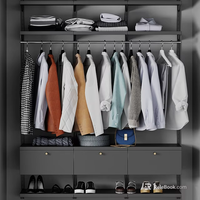 Modern Wardrobe Interior With Hanging Clothes Various Styles Folded Items Gray Drawers And Blue Bag 3d model 