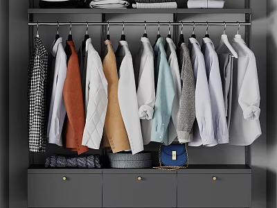 Modern Wardrobe Interior With Hanging Clothes Various Styles Folded Items Gray Drawers And Blue Bag 3d model