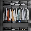 Modern Wardrobe Interior With Hanging Clothes Various Styles Folded Items Gray Drawers And Blue Bag