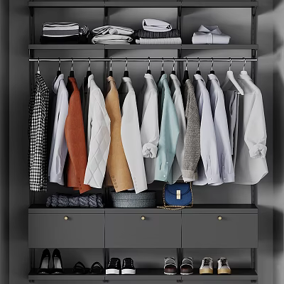 Modern Wardrobe Interior With Hanging Clothes Various Styles Folded Items Gray Drawers And Blue Bag 3d model