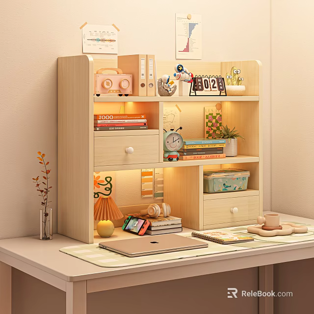 Wooden Storage Shelf Cabinet with Multiple Shelves Drawers Books Plant and Decorative Items on Desk 3d model 
