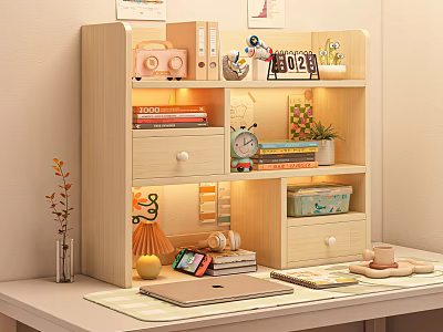 Wooden Storage Shelf Cabinet with Multiple Shelves Drawers Books Plant and Decorative Items on Desk 3d model