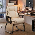 Modern Wooden Desk And Beige Leather Chair Set For Home Office With Computer Setup