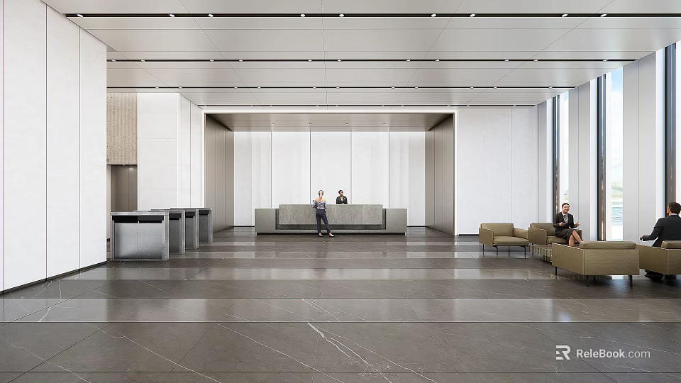 Modern Front Desk Reception Area With Spacious Lobby And Comfortable Seating Furniture 3d model 