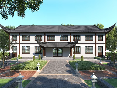 Traditional Chinese Architecture Courtyard with Black Tile Roof and White Wall Design 3d model