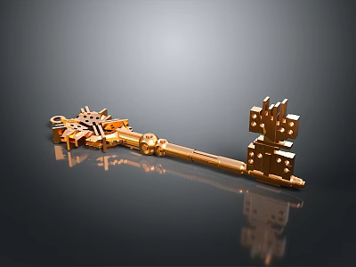 Exquisite style golden key metal key steampunk long handle key retro key golden jewelry key chain props focus object furnishings 3d model