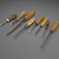 Old Worn Weapons With Wooden Handles And Metal Blades Collection