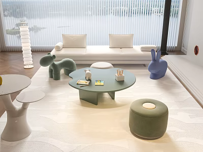 Modern Living Room Sofa Coffee Table Set With White Couch Green Table And Decorative Stools 3d model