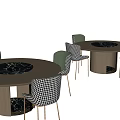 Round Dining Table Set With Light Wood Top Black Marble Inlay Green And Checkered Chairs