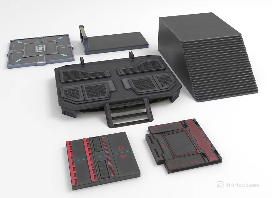 Black And Red Industrial Modular Components With Structural Panels And Textured Surfaces 3d model