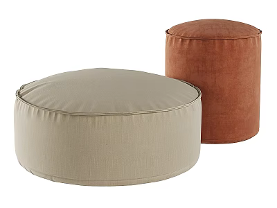 Two Beige and Brown Round Upholstered Fabric Sofa Stools for Living Room Decor 3d model