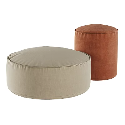 Two Beige and Brown Round Upholstered Fabric Sofa Stools for Living Room Decor 3d model