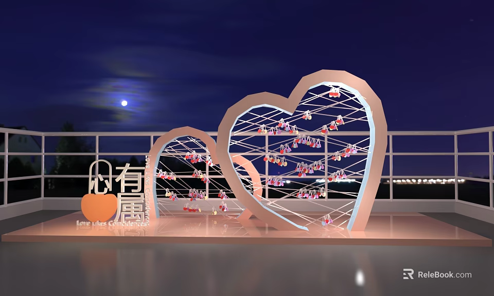 Outdoor Romantic Heart Shaped Decorative Structures With Moonlit Night Railing And Lights 3d model 